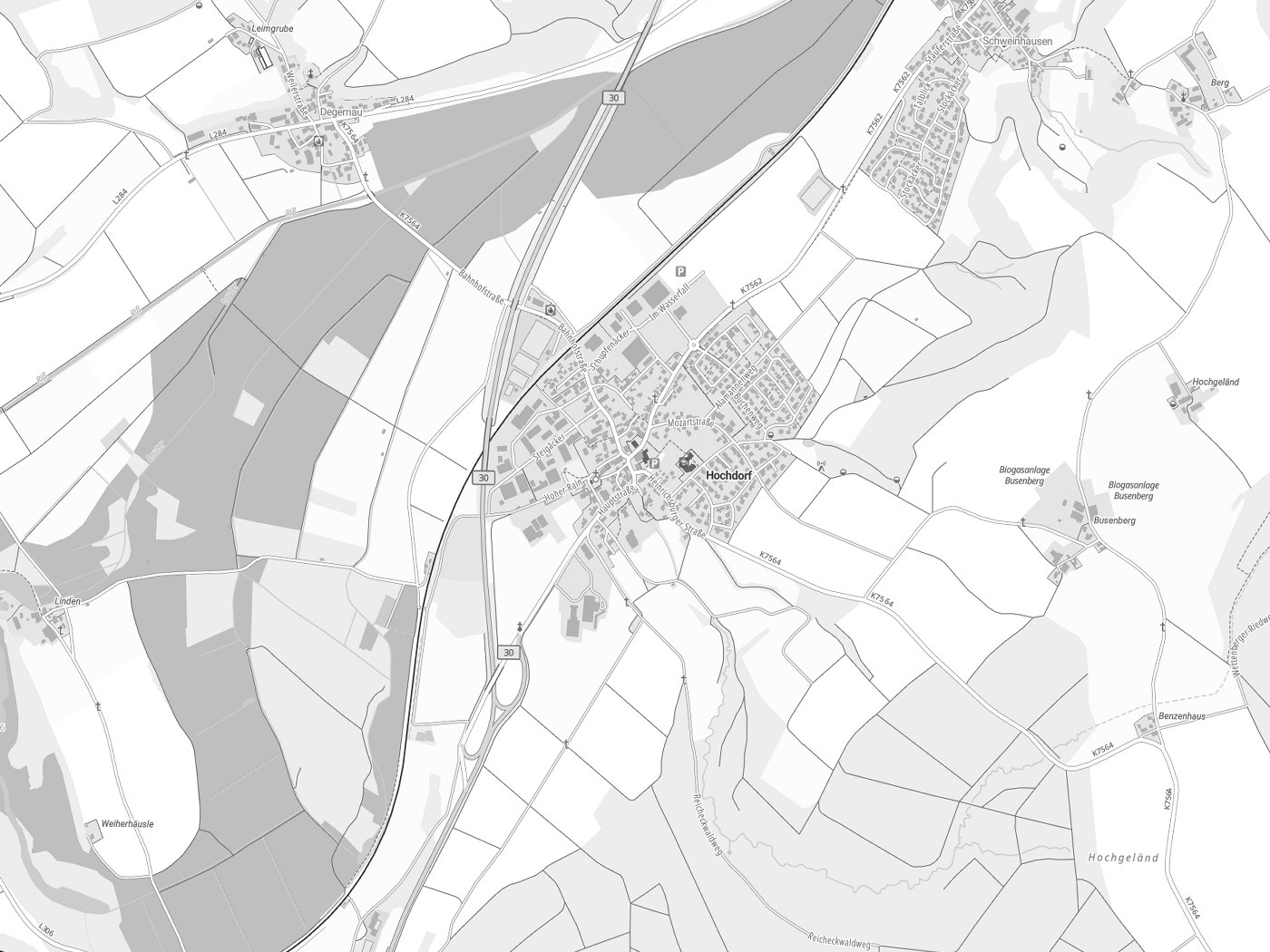 Kartenausschnitt Hochdorf mit Gewässern