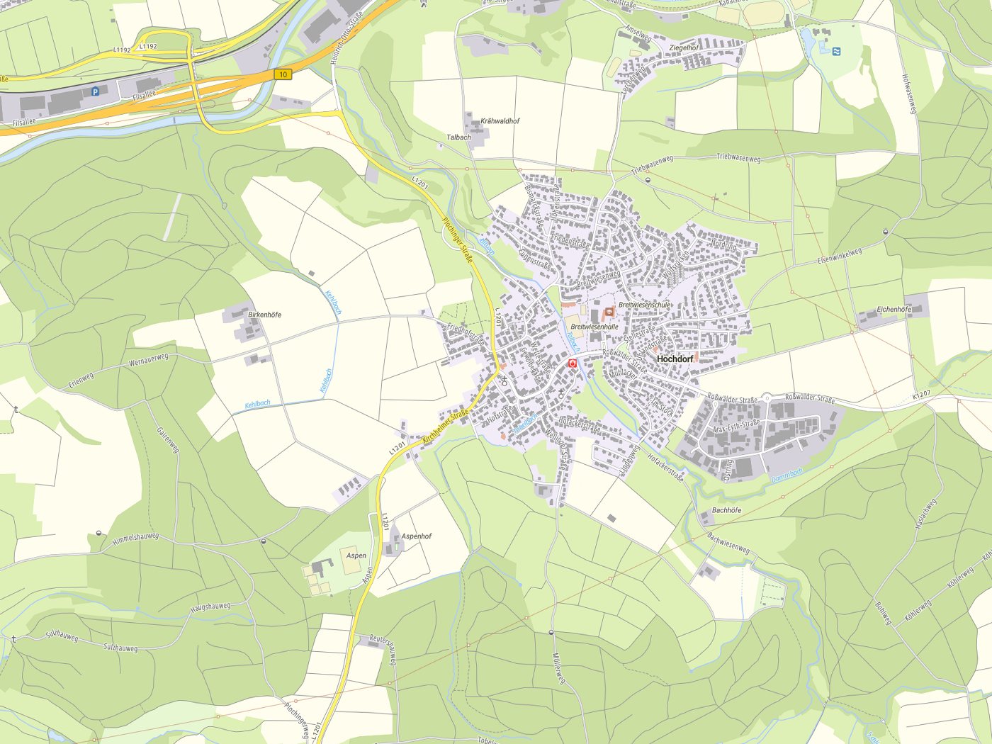 Kartenausschnitt Hochdorf mit Gewässern