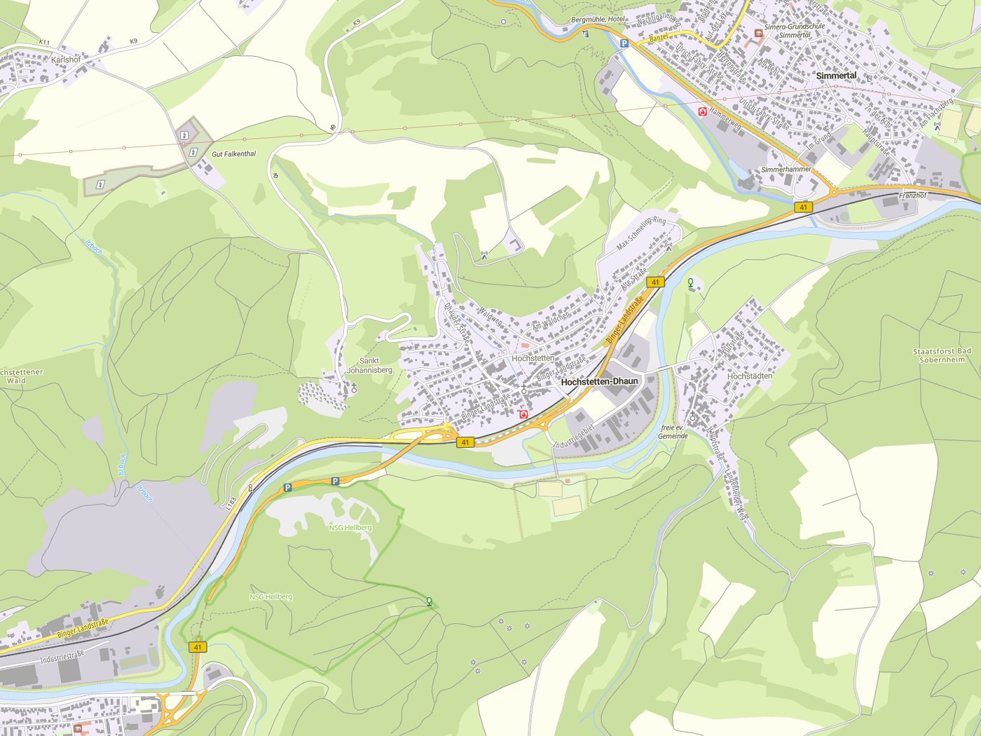 Kartenausschnitt Hochstetten-Dhaun mit Gewässern