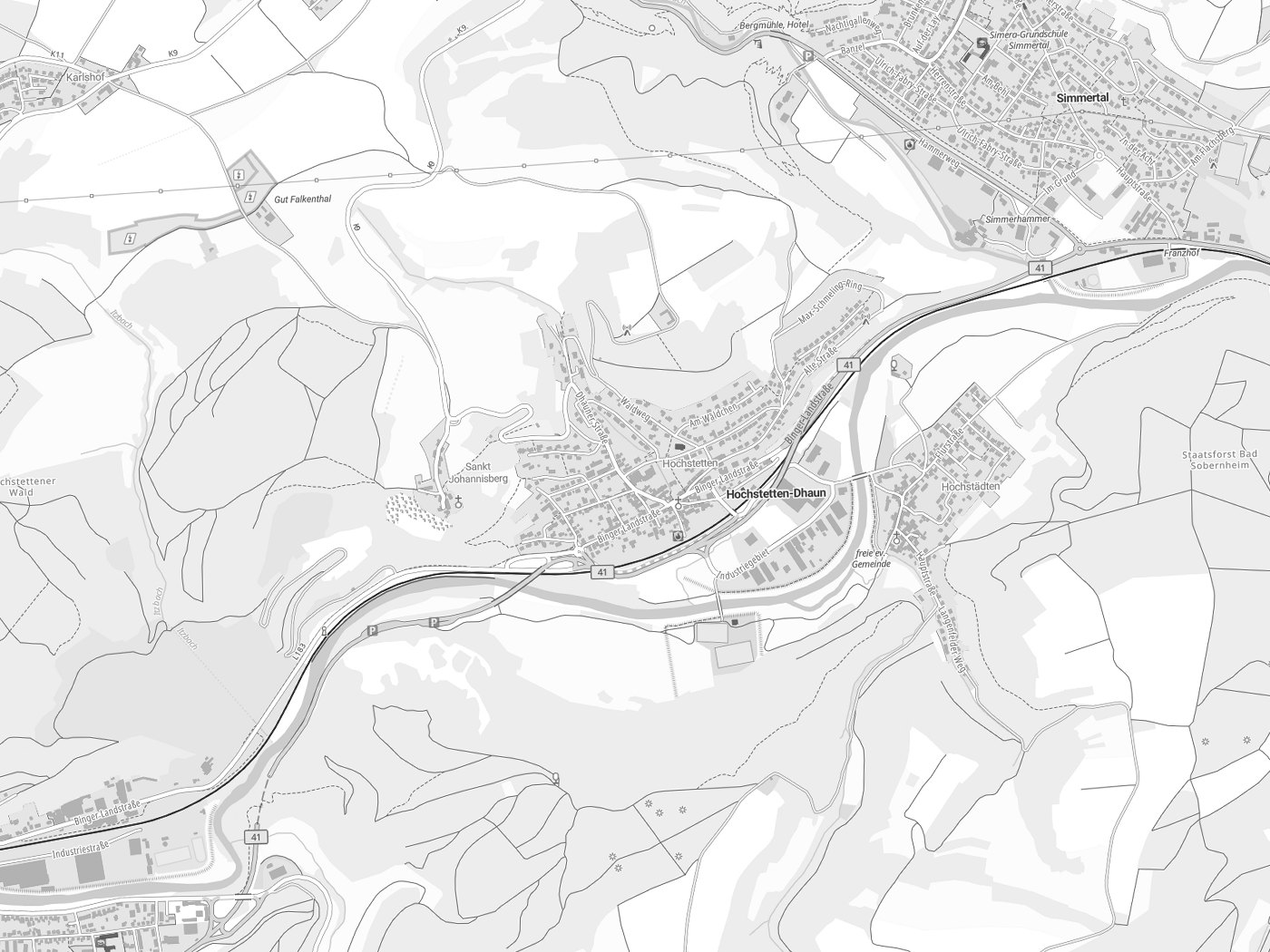 Kartenausschnitt Hochstetten-Dhaun mit Gewässern