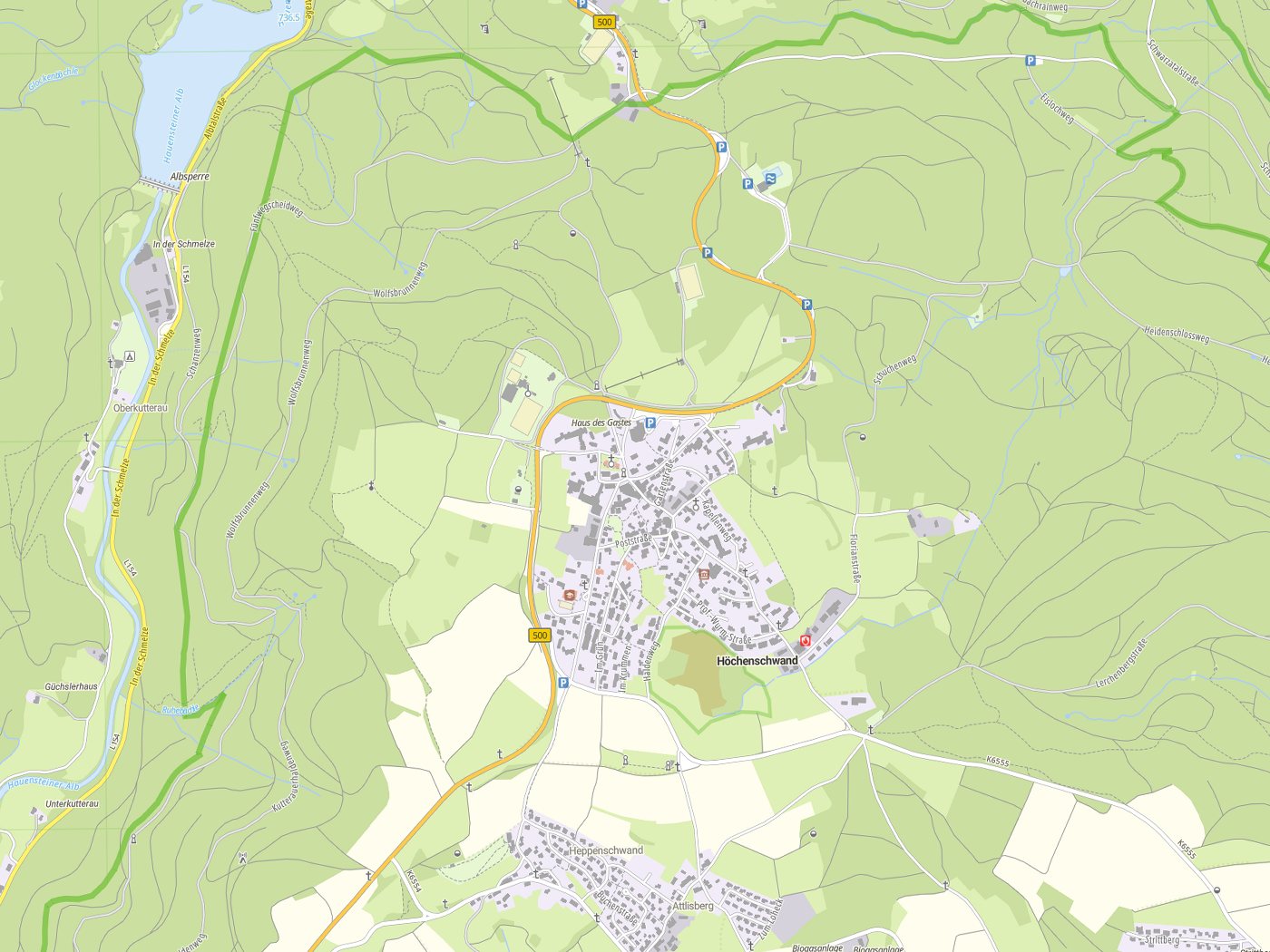 Kartenausschnitt Höchenschwand mit Gewässern