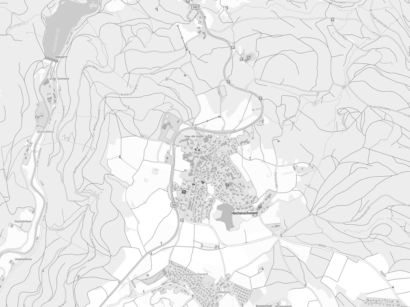 Kartenausschnitt Höchenschwand mit Gewässern