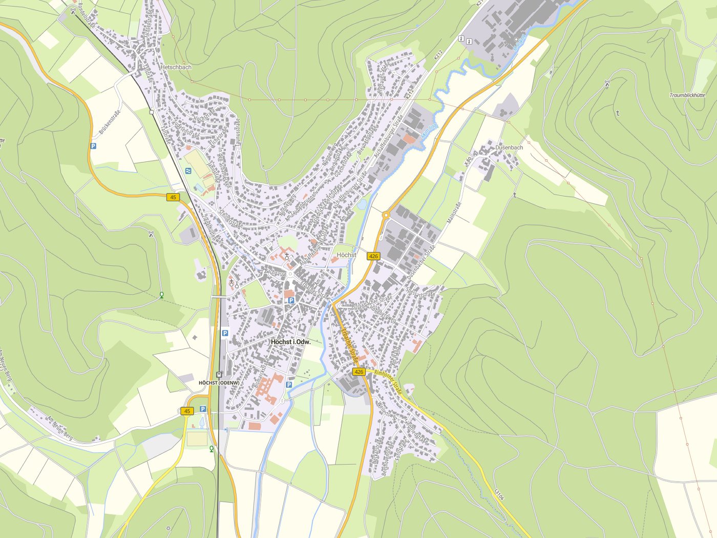 Kartenausschnitt Höchst im Odenwald mit Gewässern