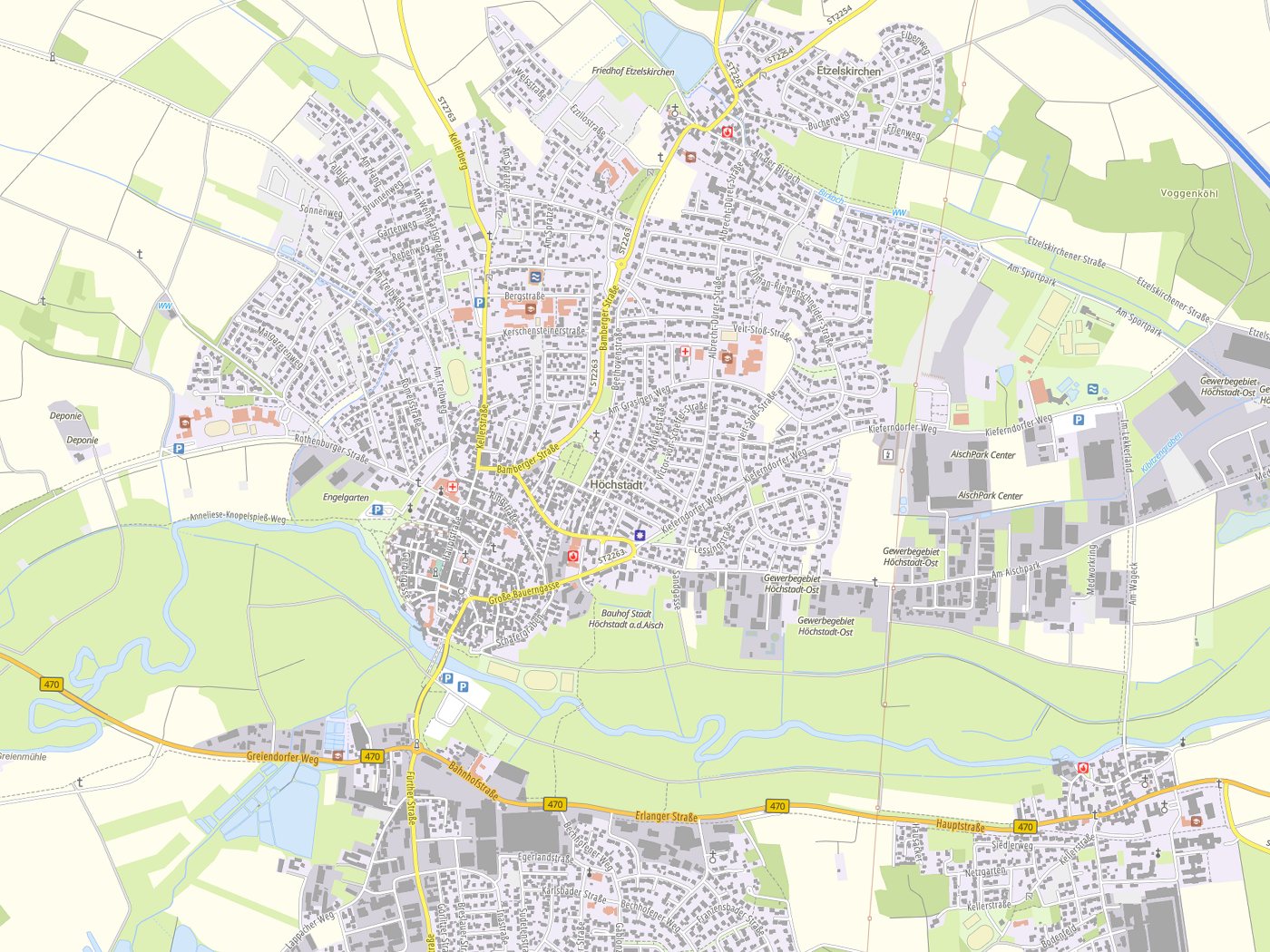 Kartenausschnitt Höchstadt an der Aisch mit Gewässern