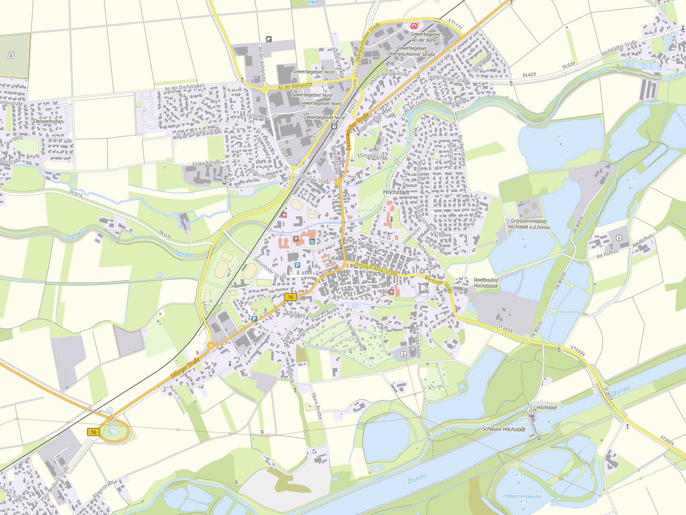 Kartenausschnitt Höchstädt a.d.Donau mit Gewässern