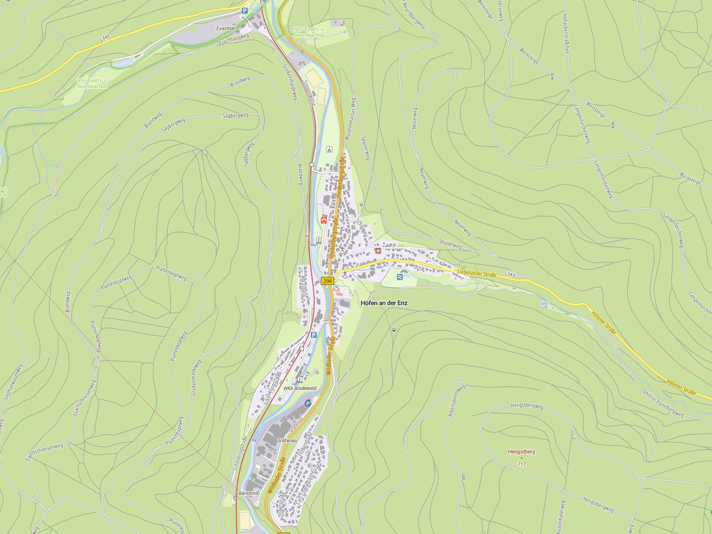 Kartenausschnitt Höfen an der Enz mit Gewässern