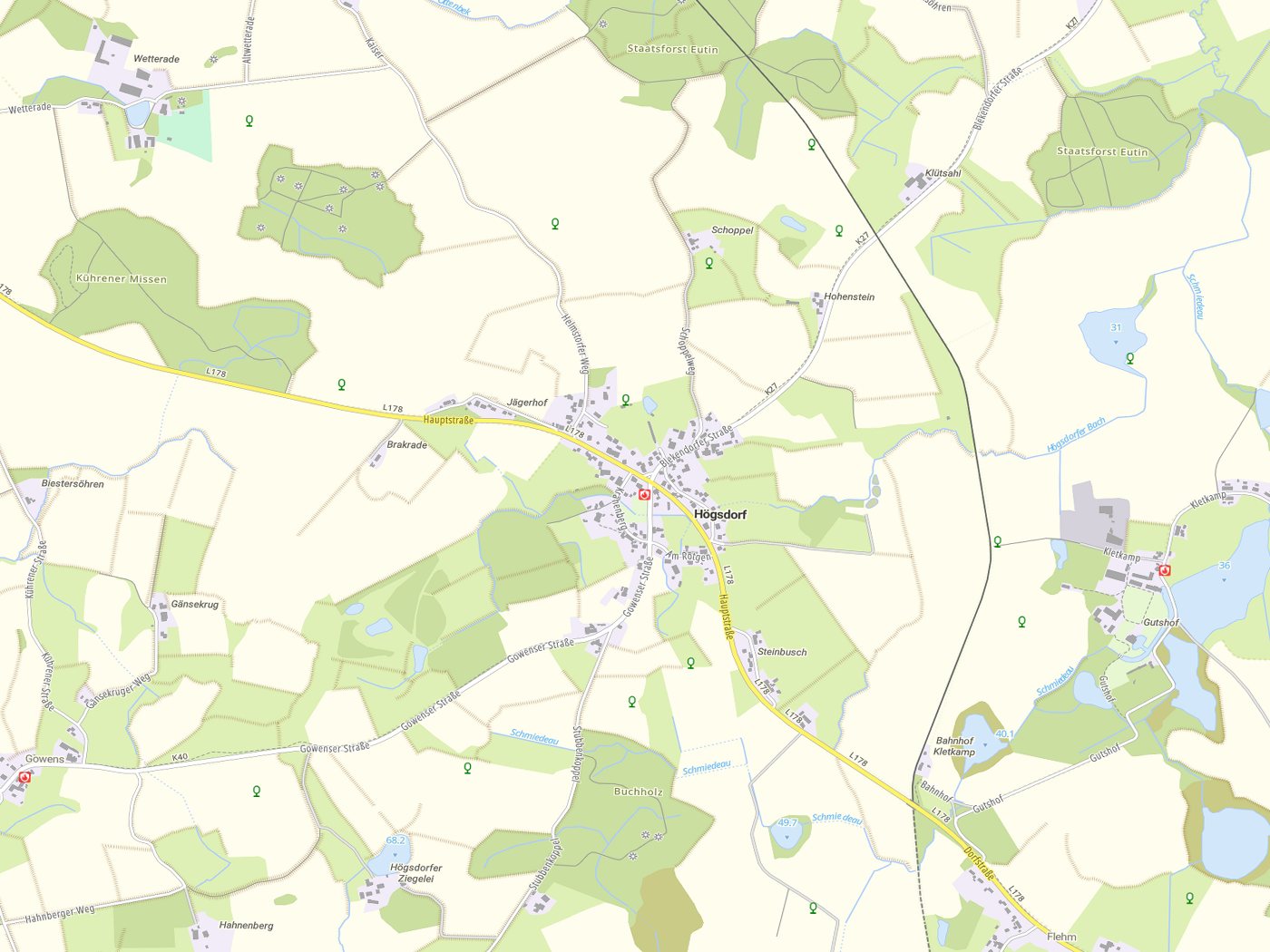 Kartenausschnitt Högsdorf mit Gewässern