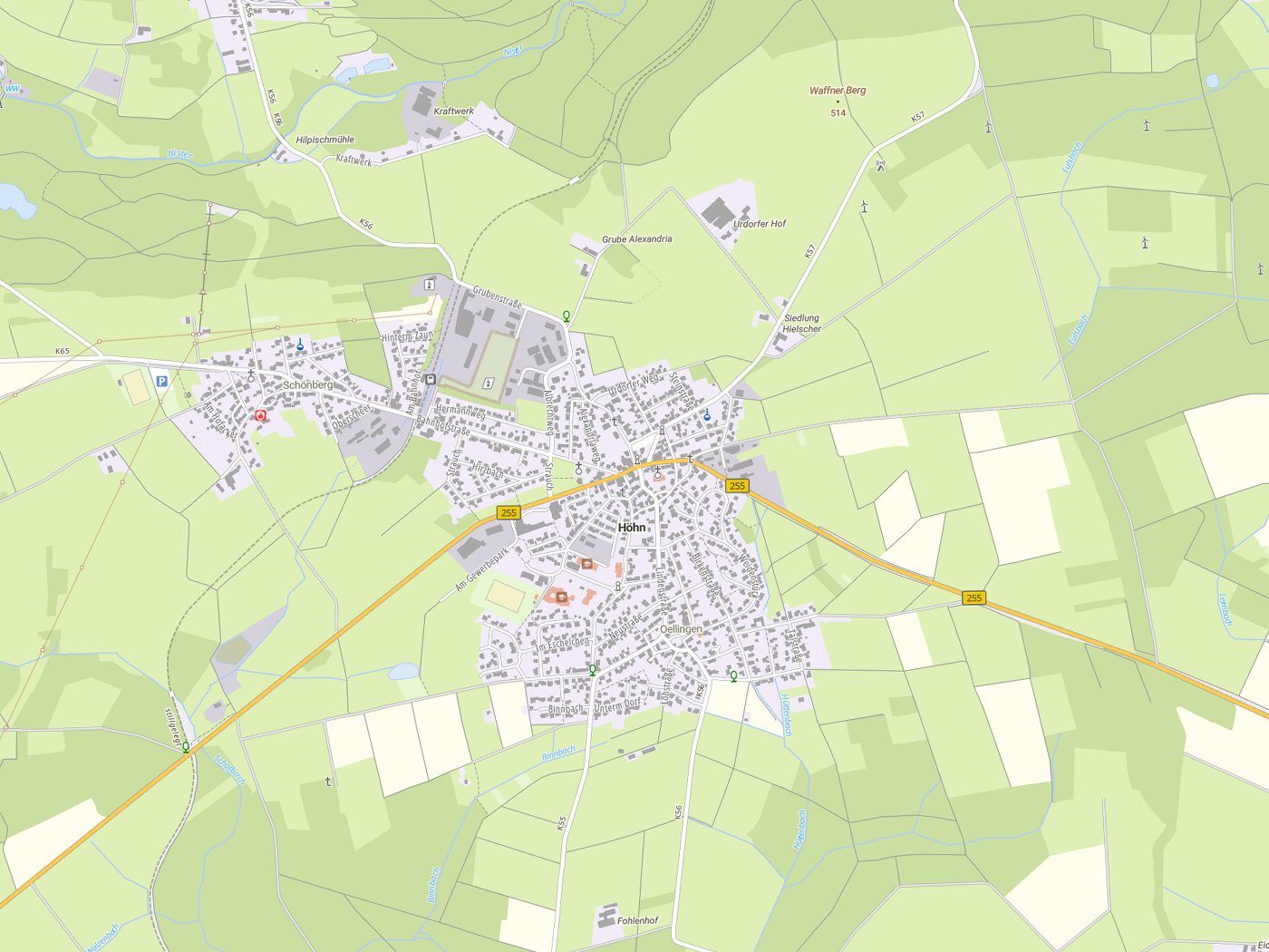 Kartenausschnitt Höhn mit Gewässern