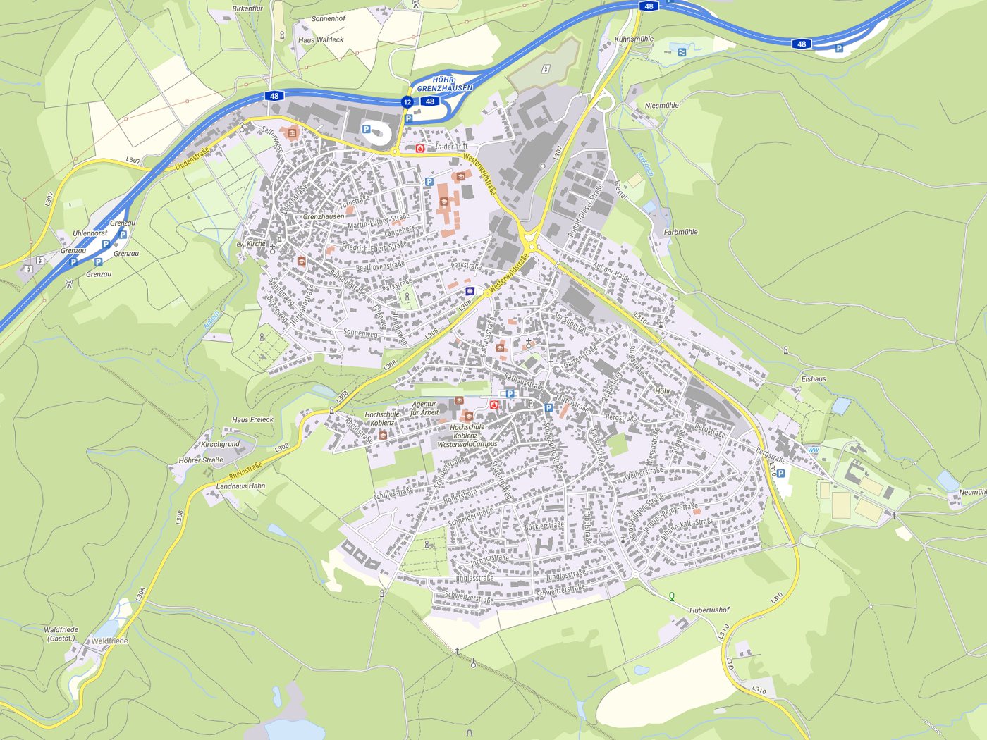 Kartenausschnitt Höhr-Grenzhausen mit Gewässern