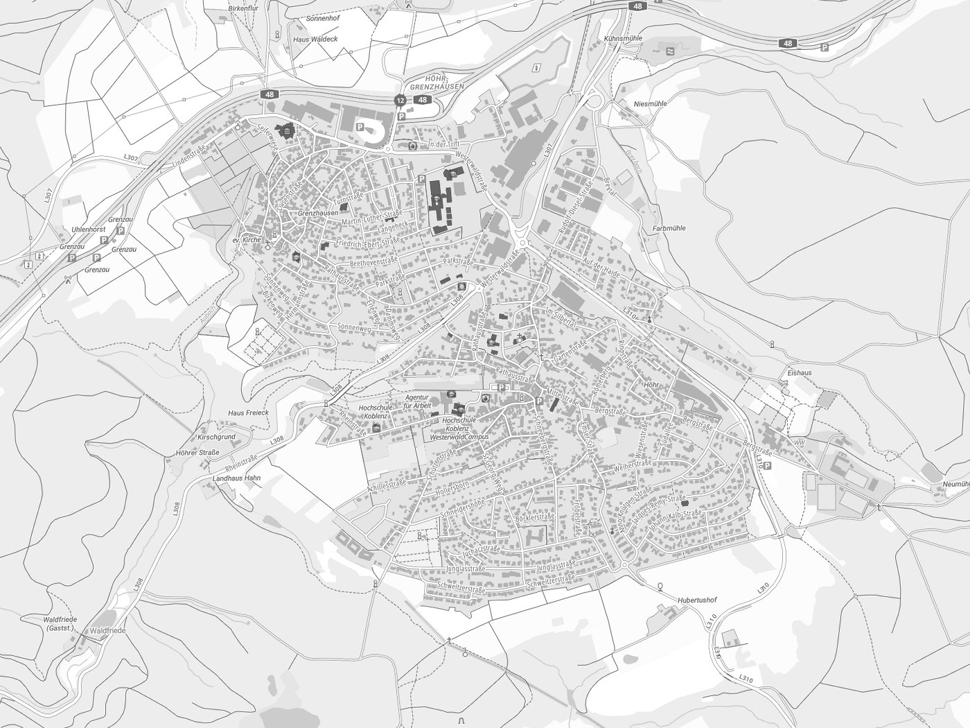 Kartenausschnitt Höhr-Grenzhausen mit Gewässern