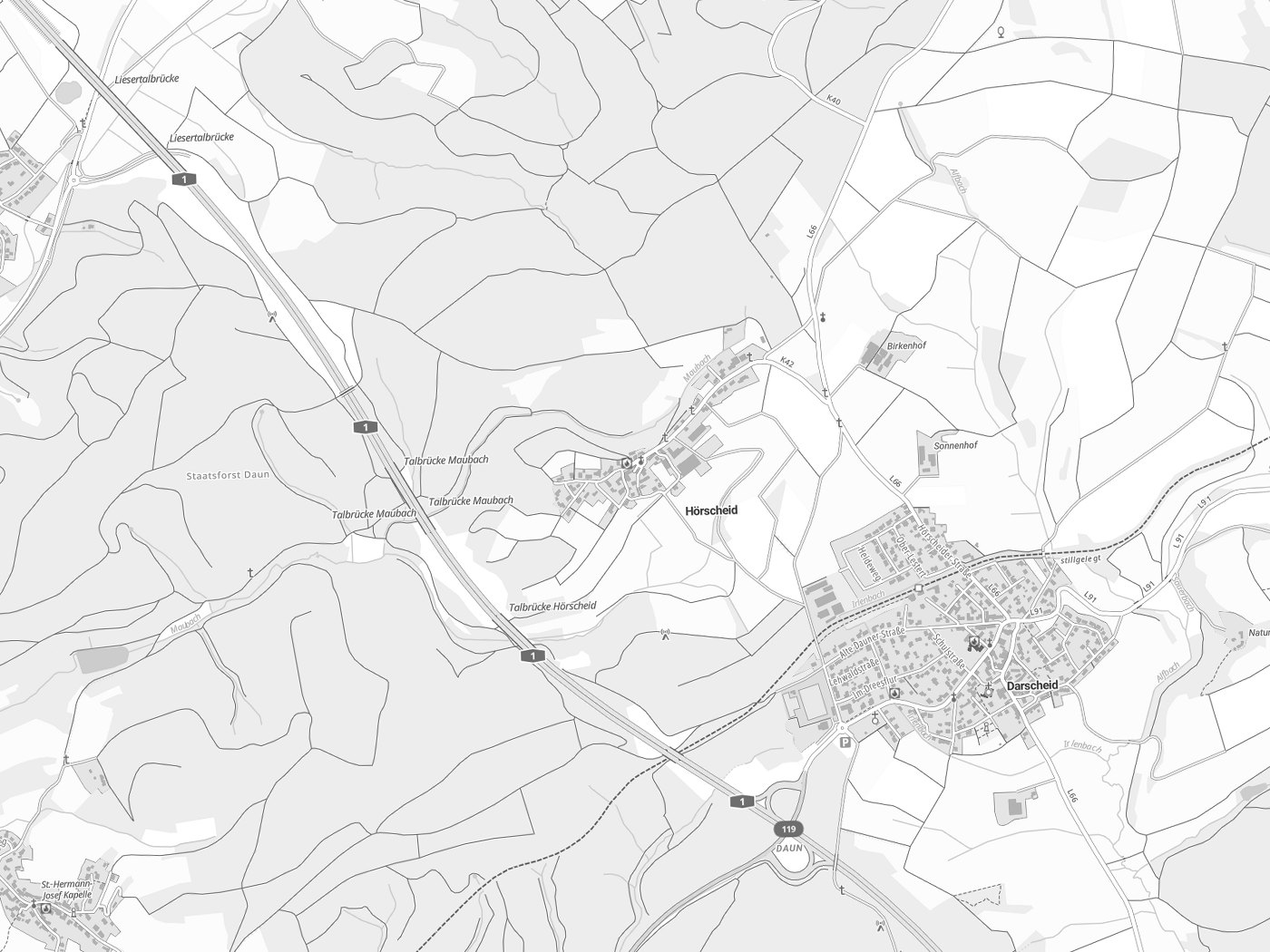 Kartenausschnitt Hörscheid mit Gewässern