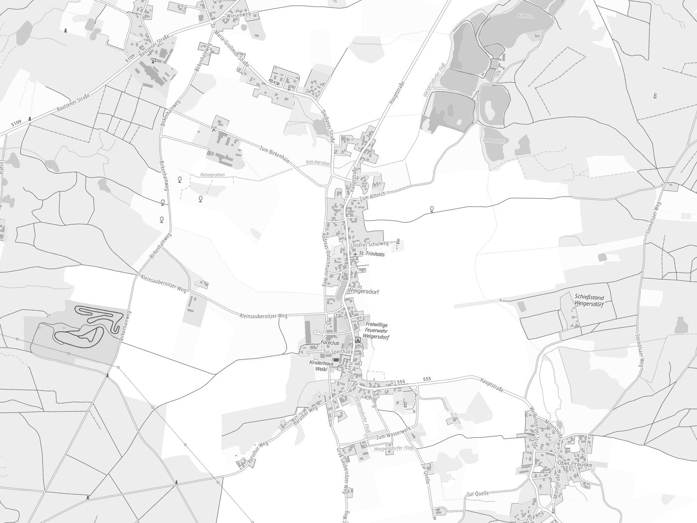 Kartenausschnitt Hohendubrau / Wysoka Dubrawa mit Gewässern