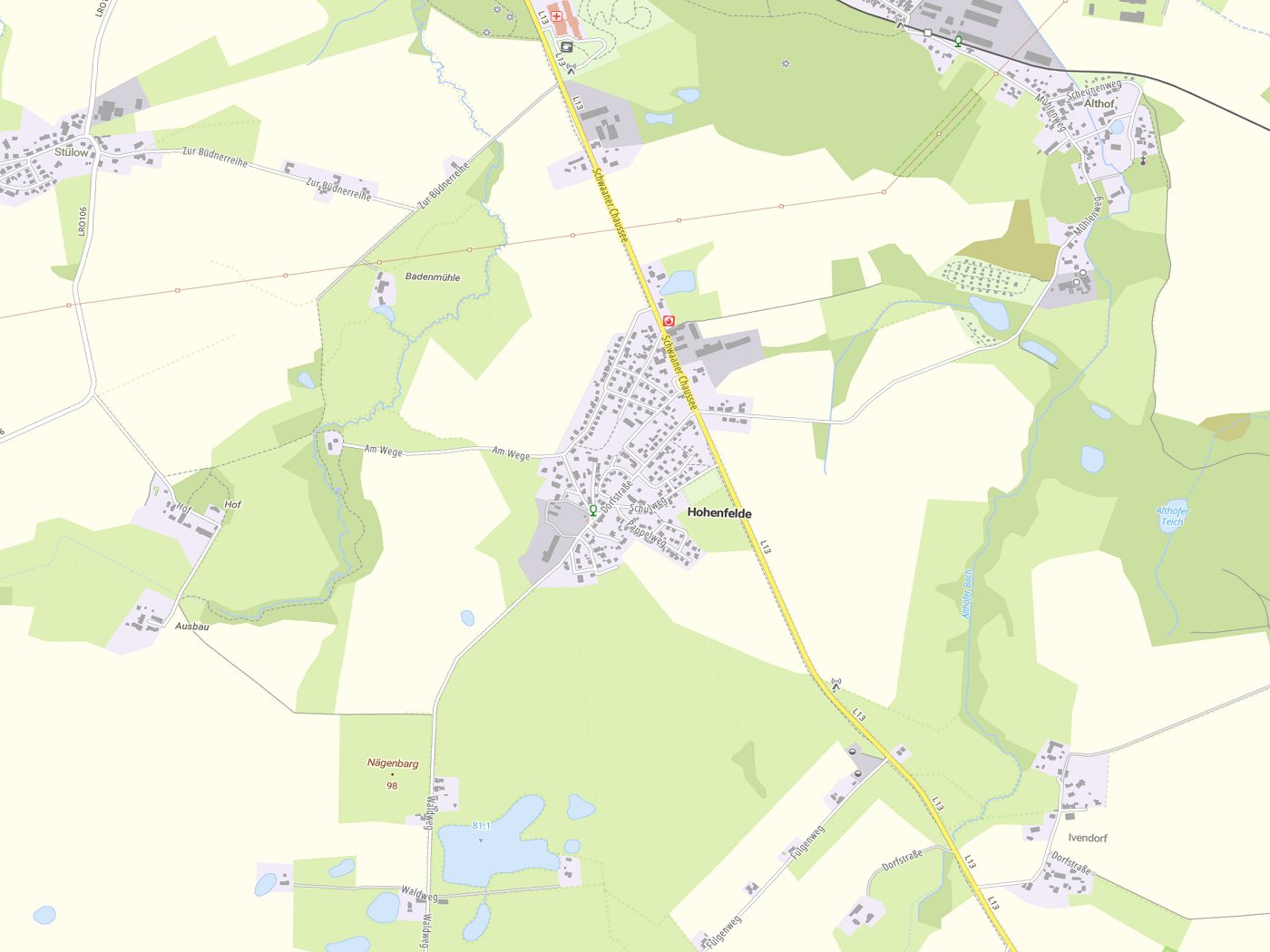 Kartenausschnitt Hohenfelde mit Gewässern