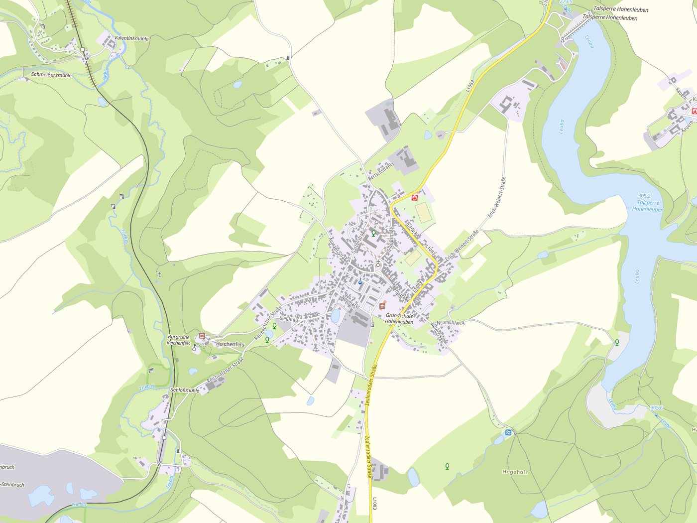 Kartenausschnitt Hohenleuben mit Gewässern