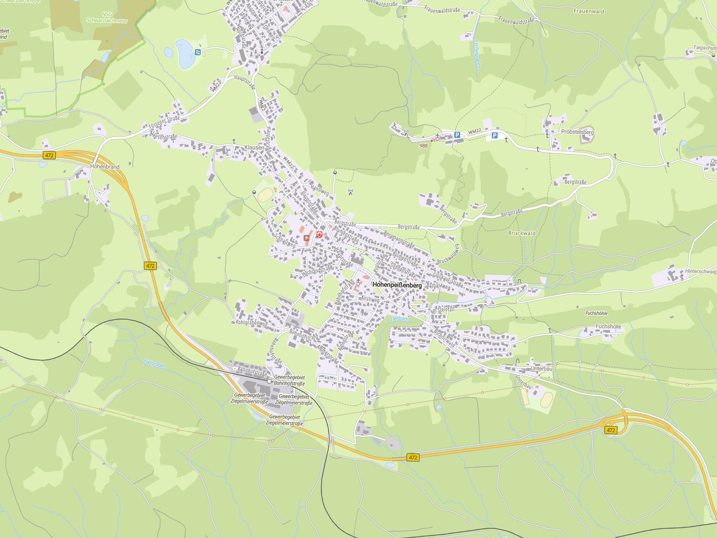 Kartenausschnitt Hohenpeißenberg mit Gewässern