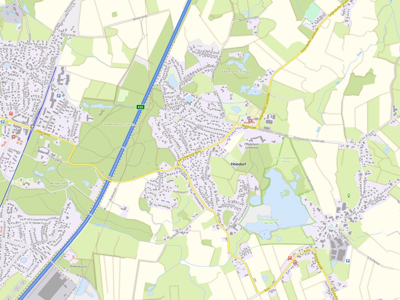 Kartenausschnitt Hoisdorf mit Gewässern