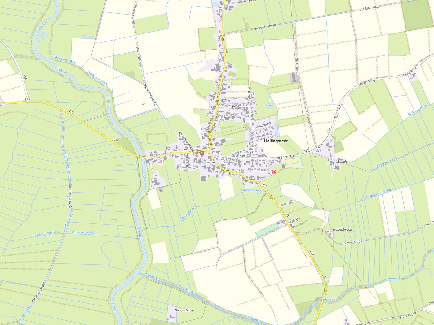 Kartenausschnitt Hollingstedt mit Gewässern