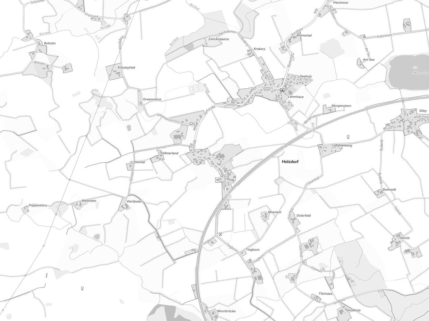 Kartenausschnitt Holzdorf mit Gewässern
