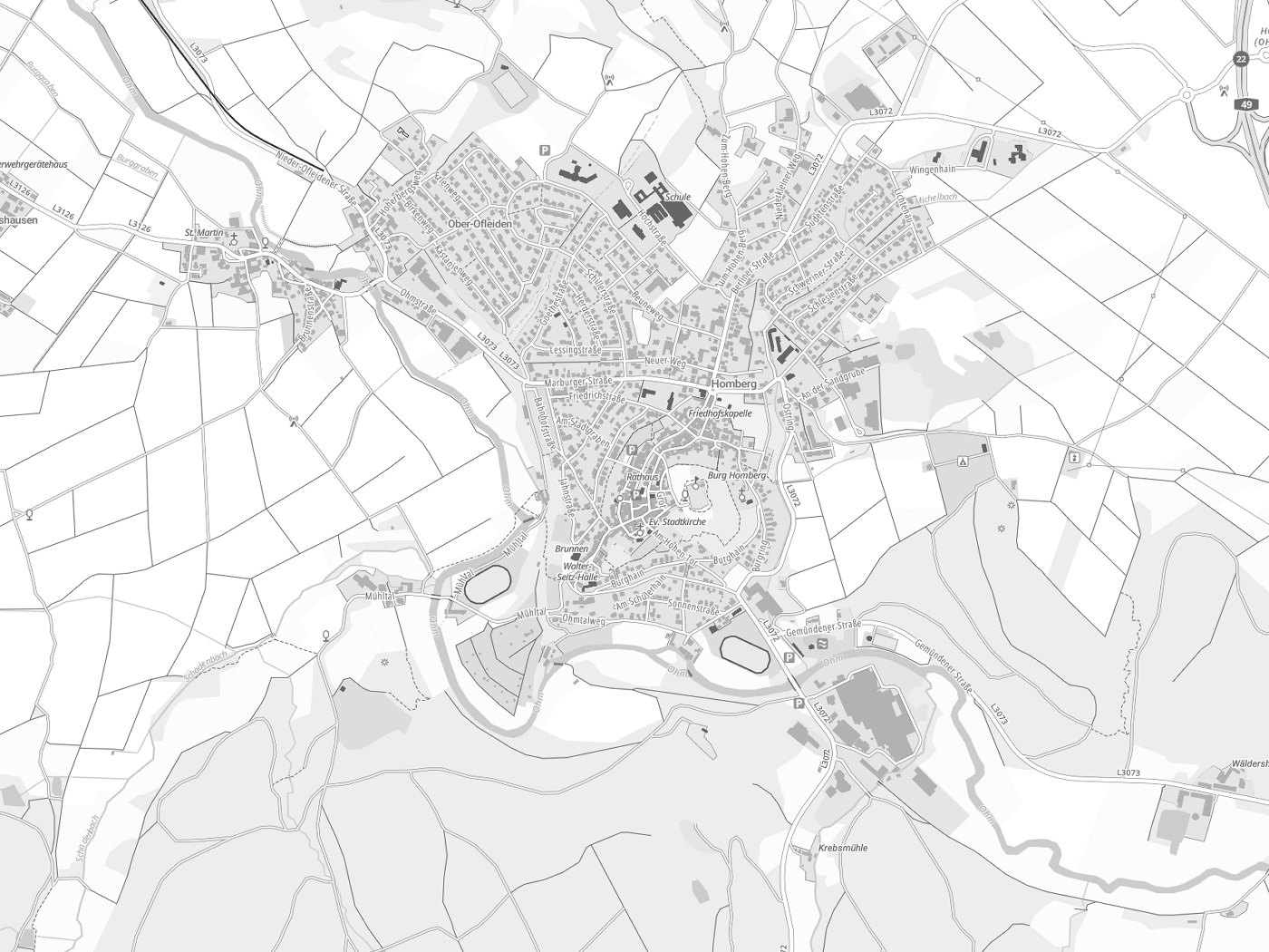 Kartenausschnitt Homberg (Ohm) mit Gewässern