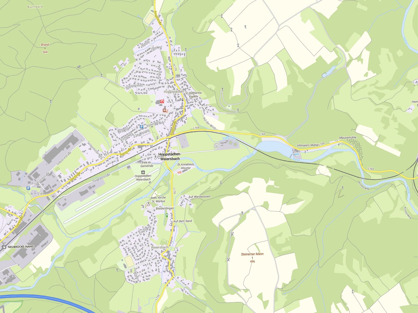 Kartenausschnitt Hoppstädten-Weiersbach mit Gewässern