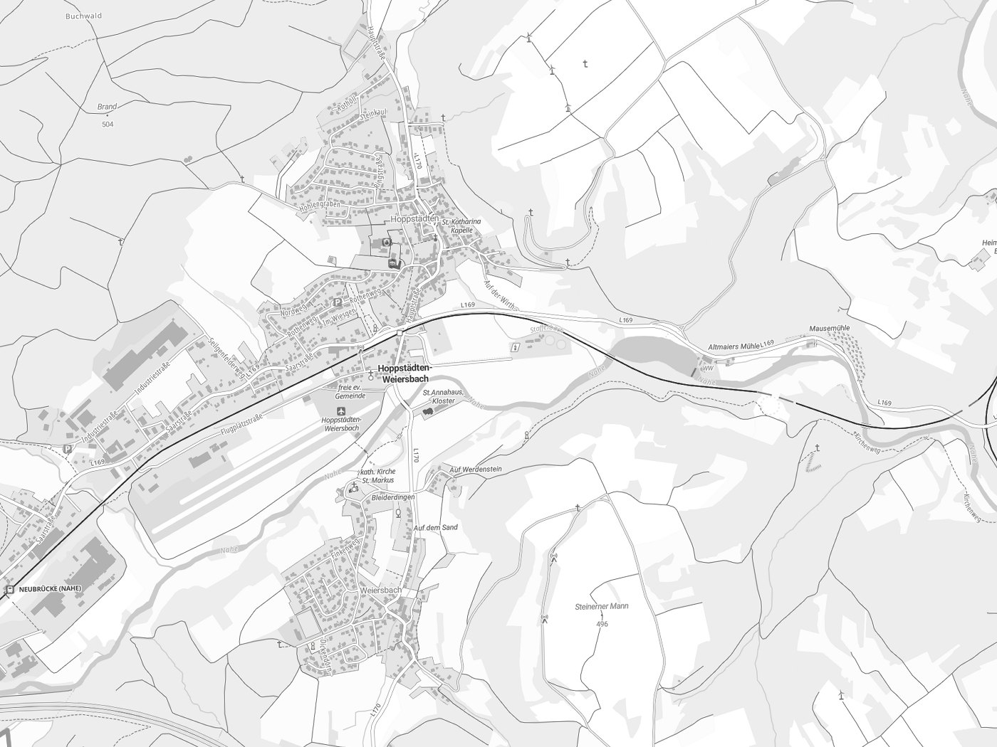 Kartenausschnitt Hoppstädten-Weiersbach mit Gewässern