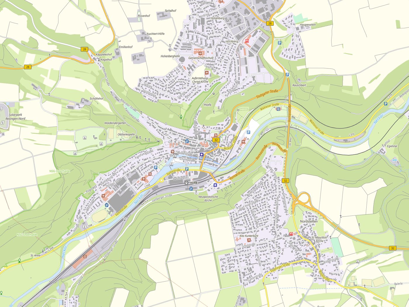 Kartenausschnitt Horb am Neckar mit Gewässern