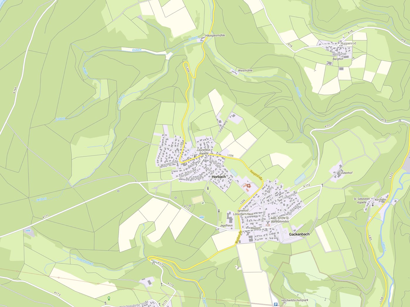 Kartenausschnitt Horbach mit Gewässern
