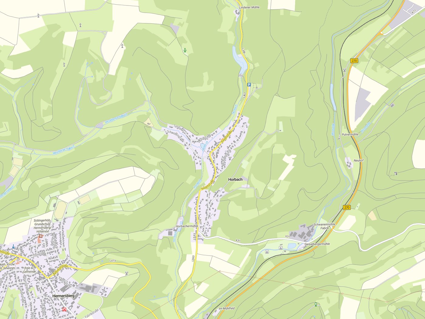Kartenausschnitt Horbach mit Gewässern