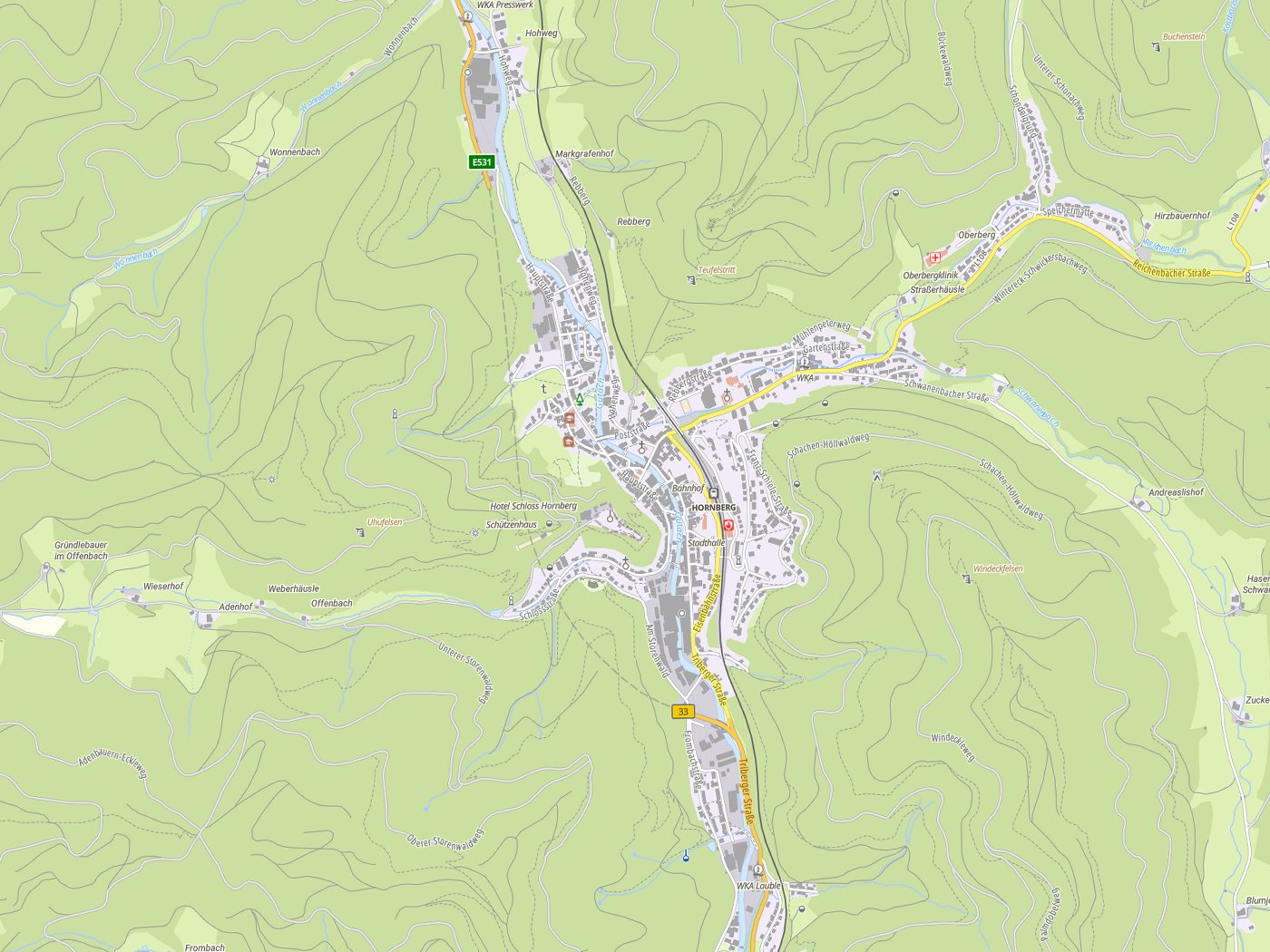 Kartenausschnitt Hornberg mit Gewässern