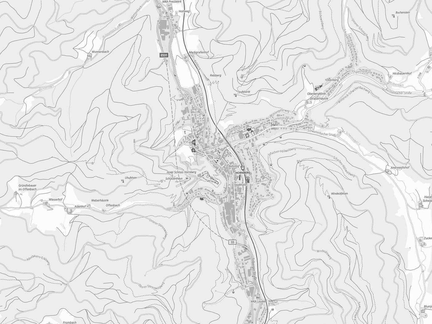 Kartenausschnitt Hornberg mit Gewässern