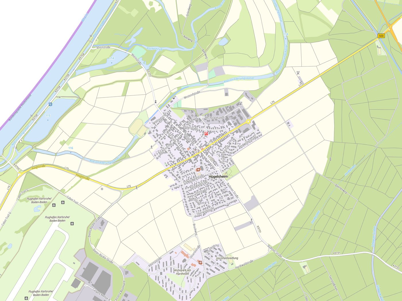 Kartenausschnitt Hügelsheim mit Gewässern