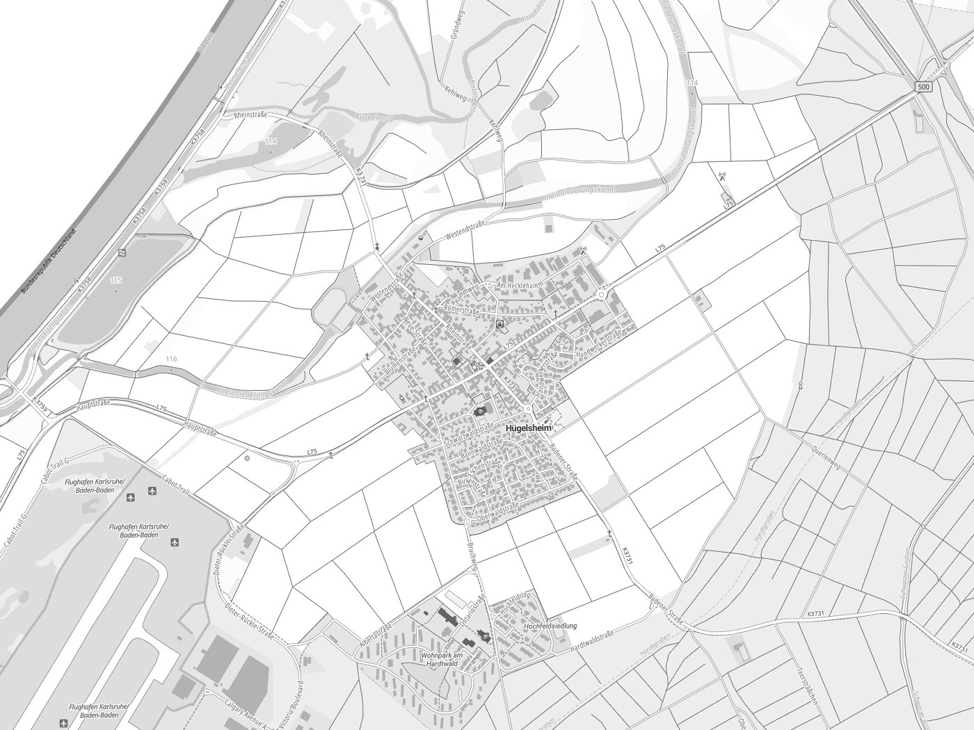 Kartenausschnitt Hügelsheim mit Gewässern
