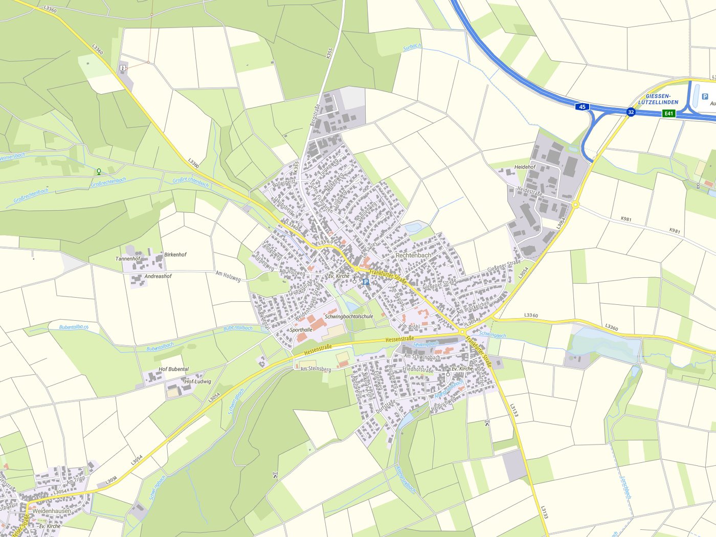 Kartenausschnitt Hüttenberg mit Gewässern