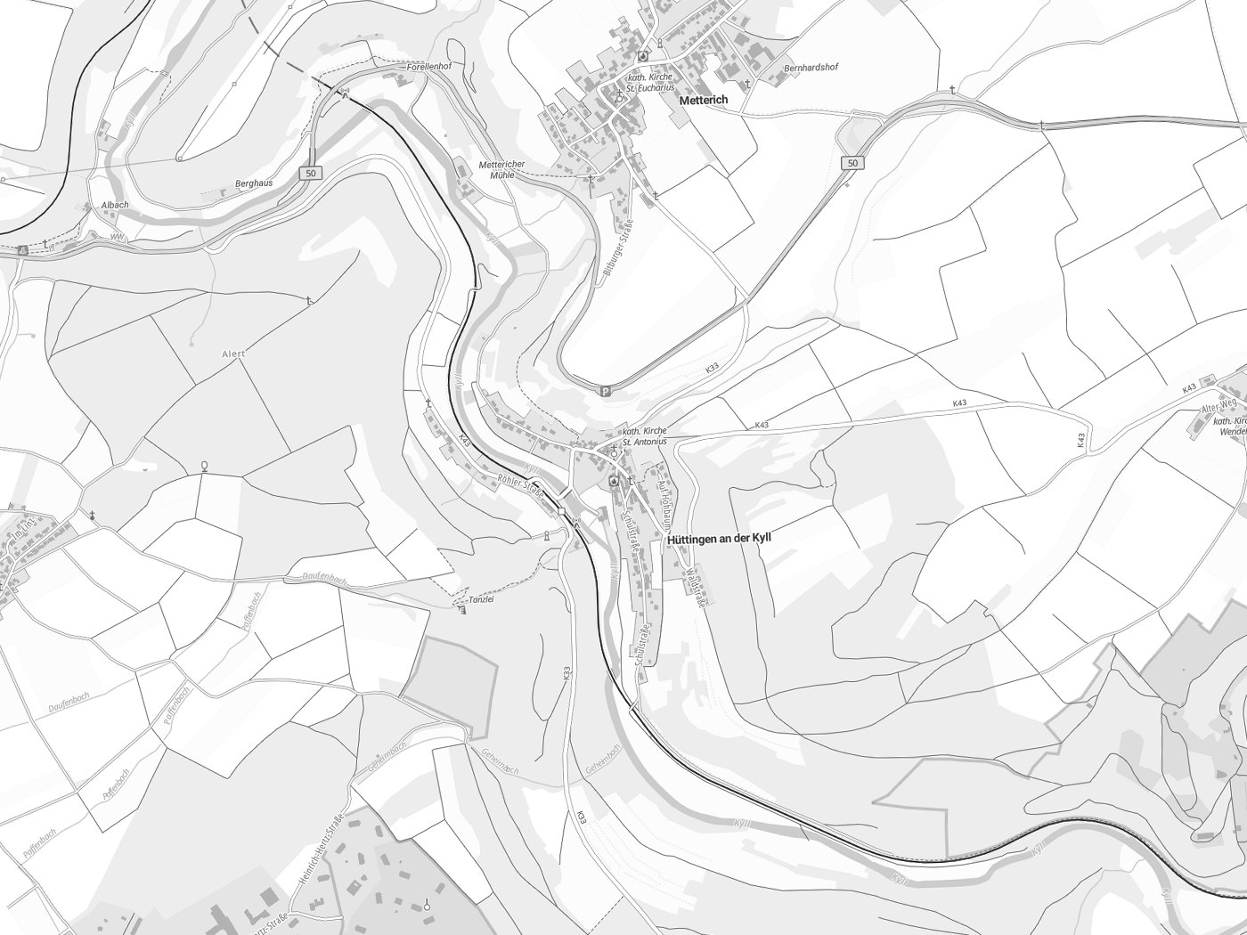 Kartenausschnitt Hüttingen an der Kyll mit Gewässern