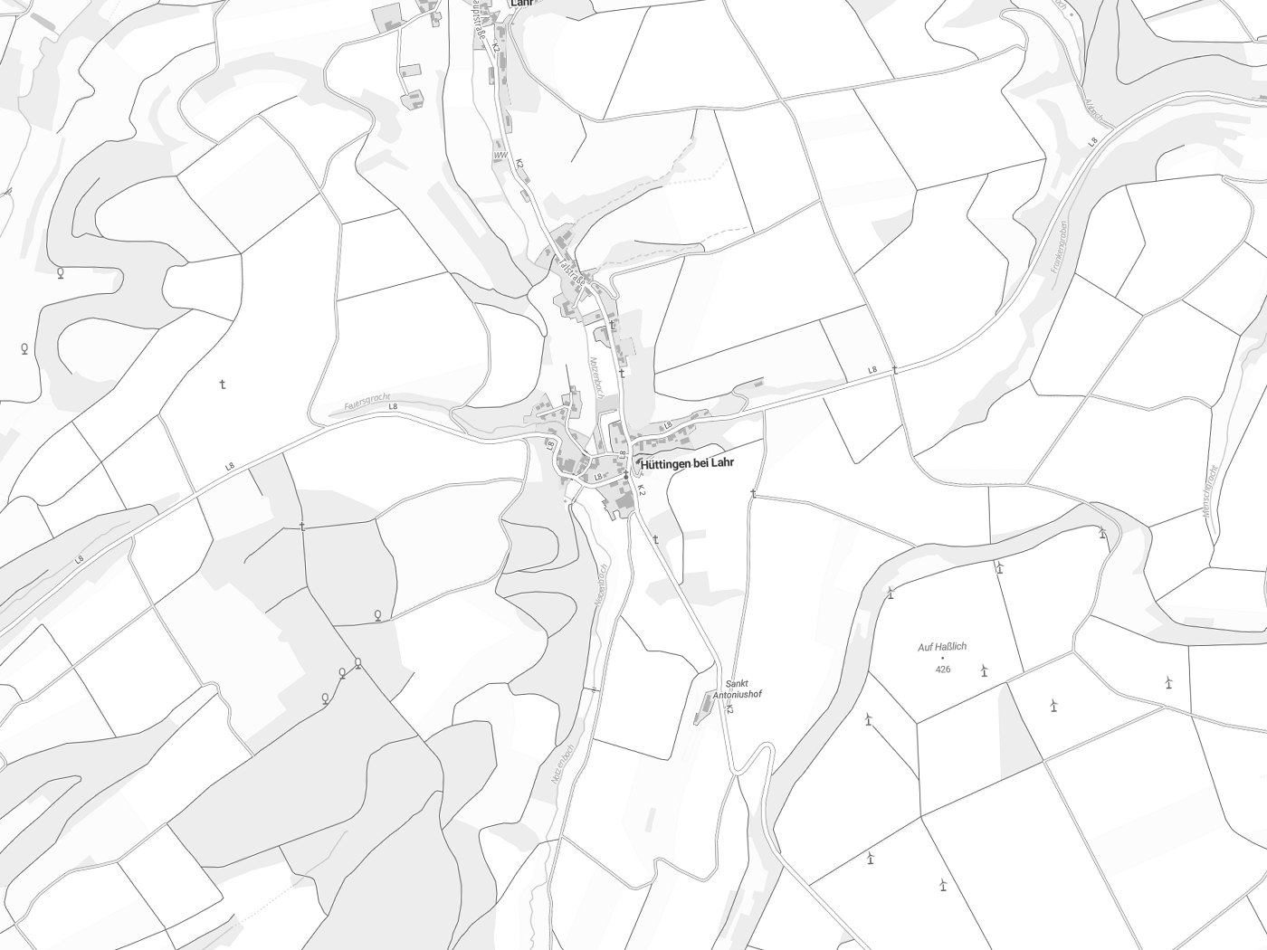Kartenausschnitt Hüttingen bei Lahr mit Gewässern
