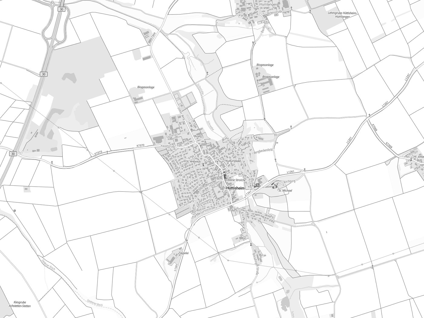 Kartenausschnitt Hüttisheim mit Gewässern