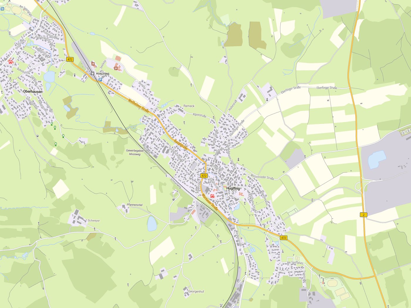 Kartenausschnitt Huglfing mit Gewässern