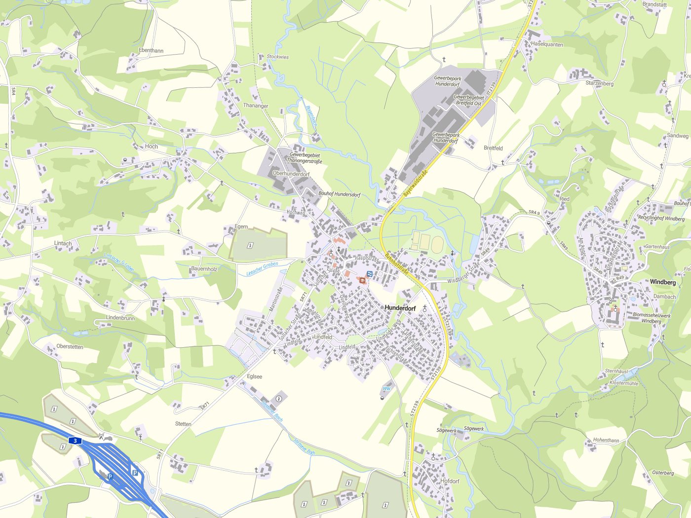 Kartenausschnitt Hunderdorf mit Gewässern
