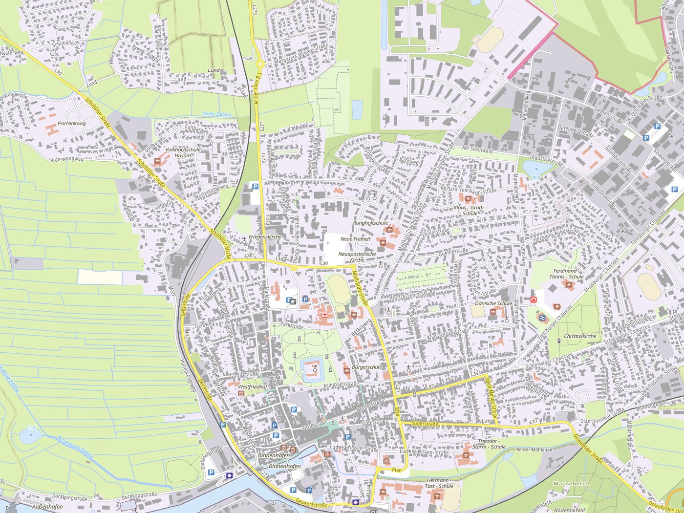 Kartenausschnitt Husum mit Gewässern
