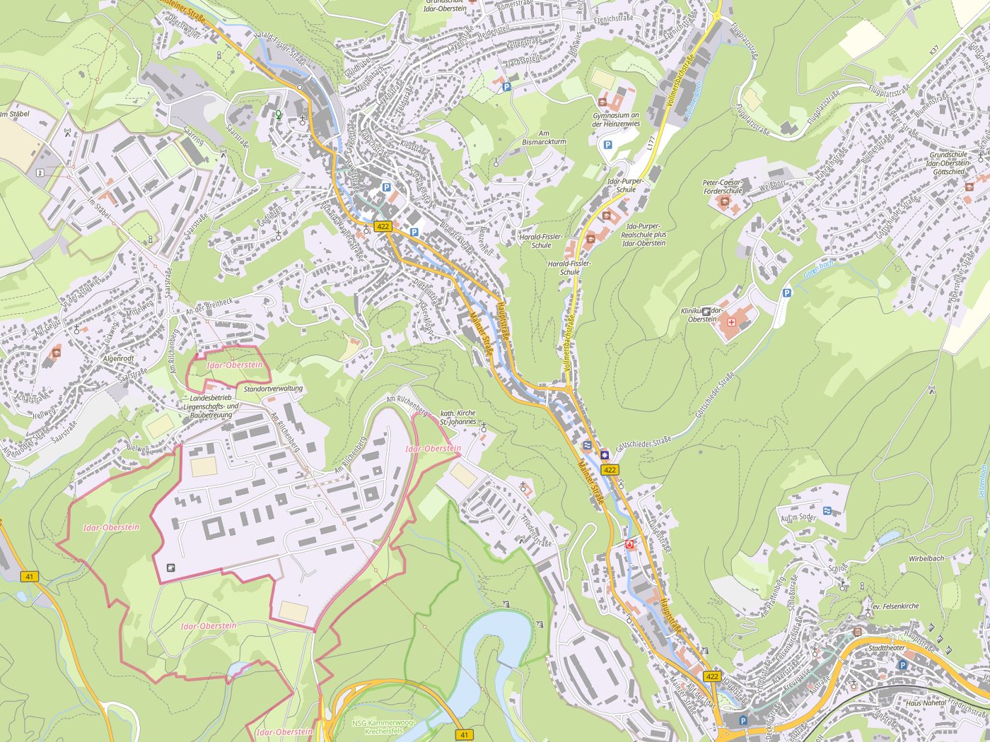Kartenausschnitt Idar-Oberstein mit Gewässern