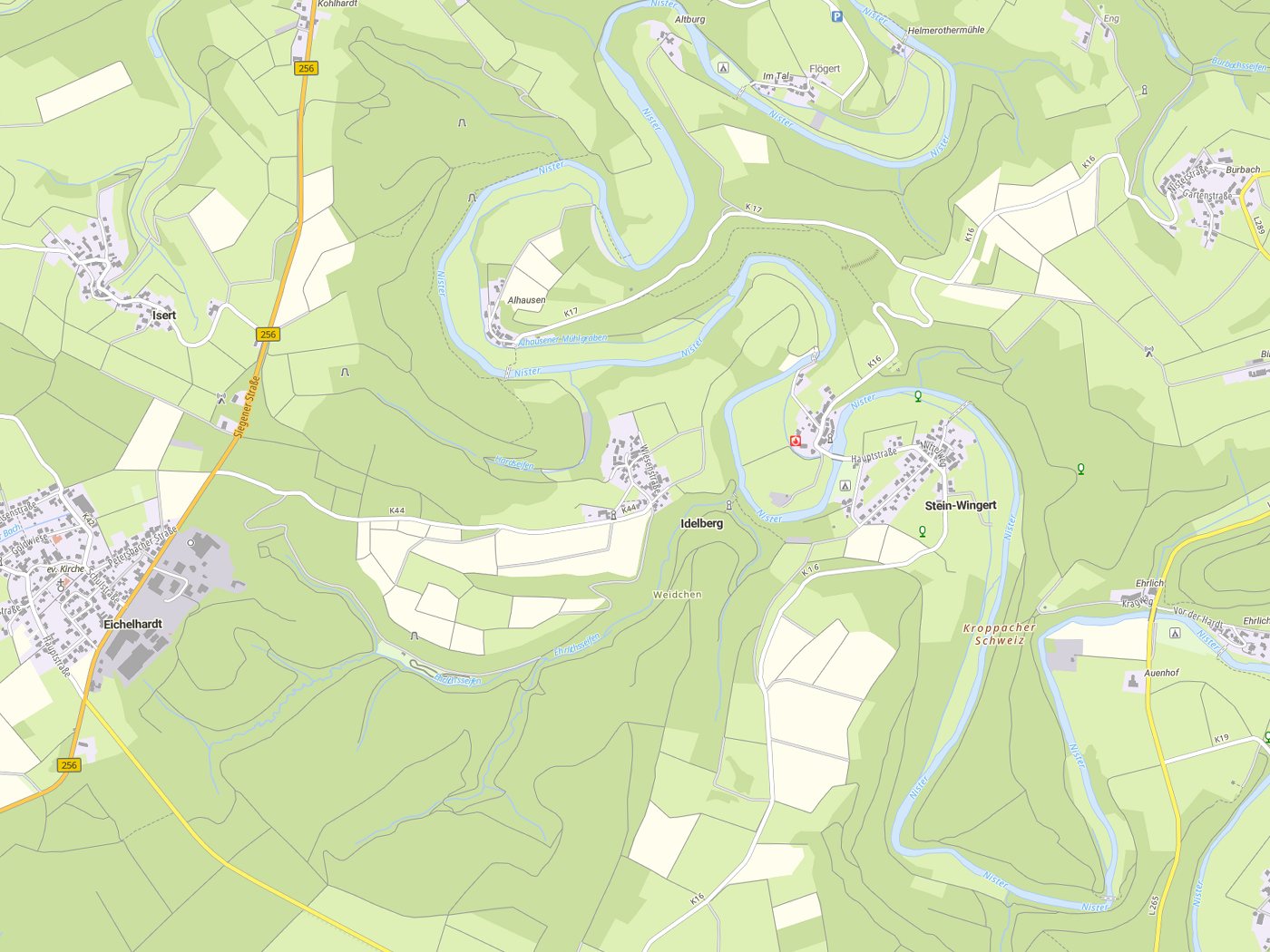 Kartenausschnitt Idelberg mit Gewässern