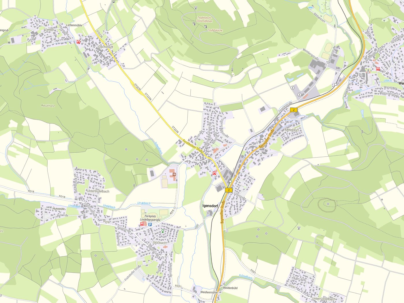 Kartenausschnitt Igensdorf mit Gewässern