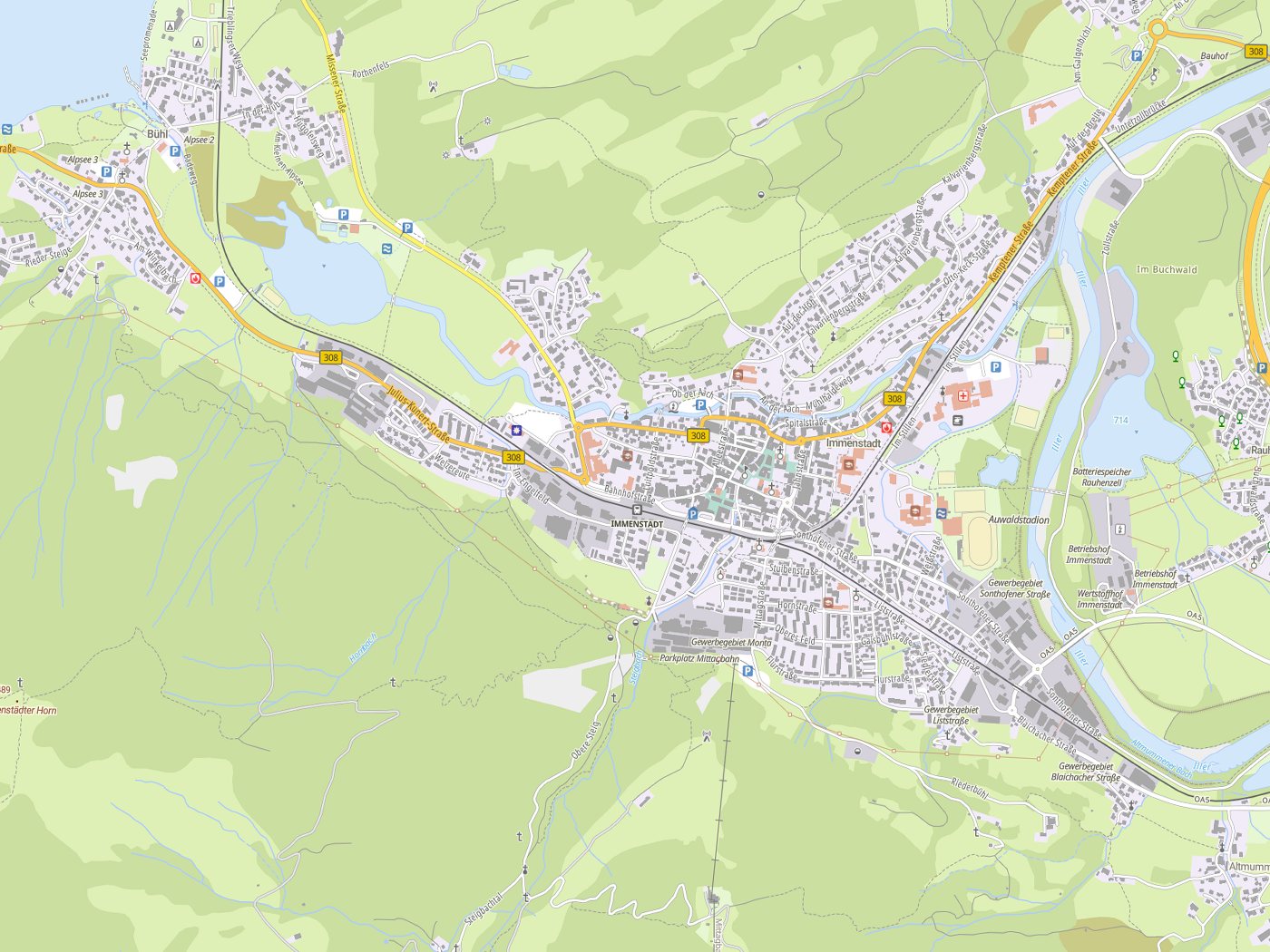 Kartenausschnitt Immenstadt im Allgäu mit Gewässern