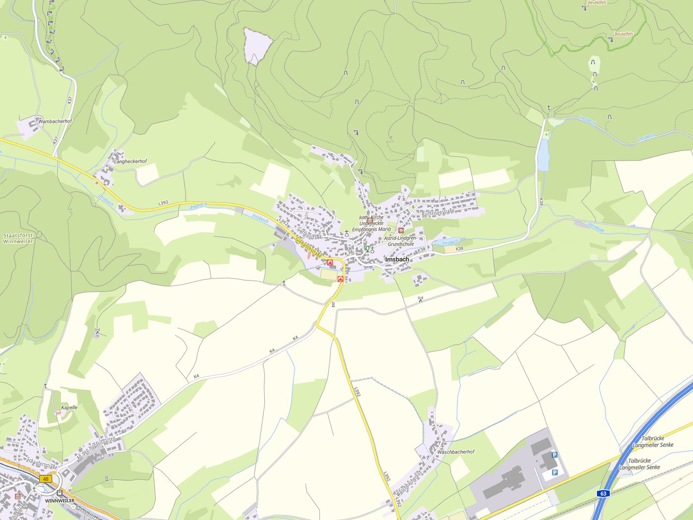 Kartenausschnitt Imsbach mit Gewässern