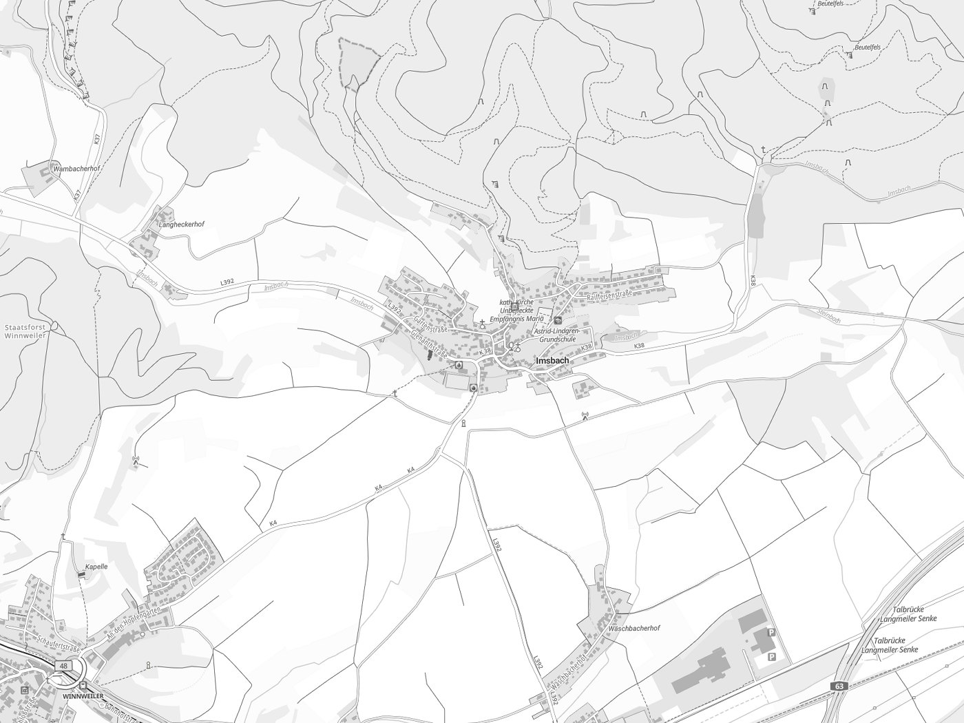 Kartenausschnitt Imsbach mit Gewässern