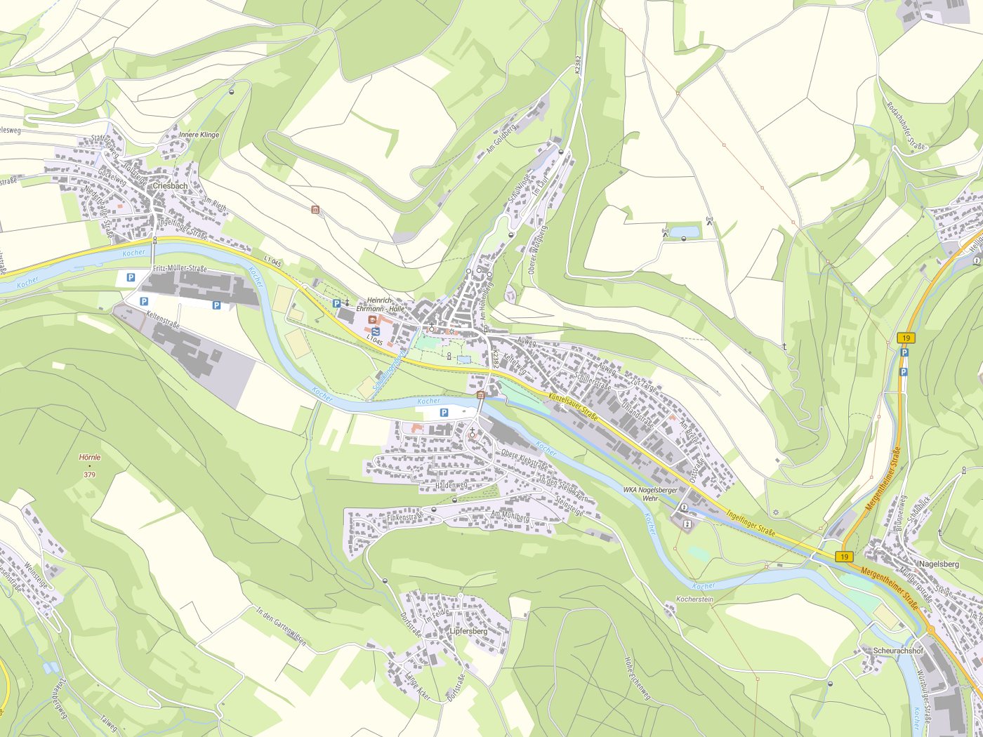 Kartenausschnitt Ingelfingen mit Gewässern
