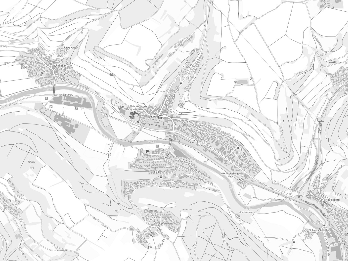 Kartenausschnitt Ingelfingen mit Gewässern