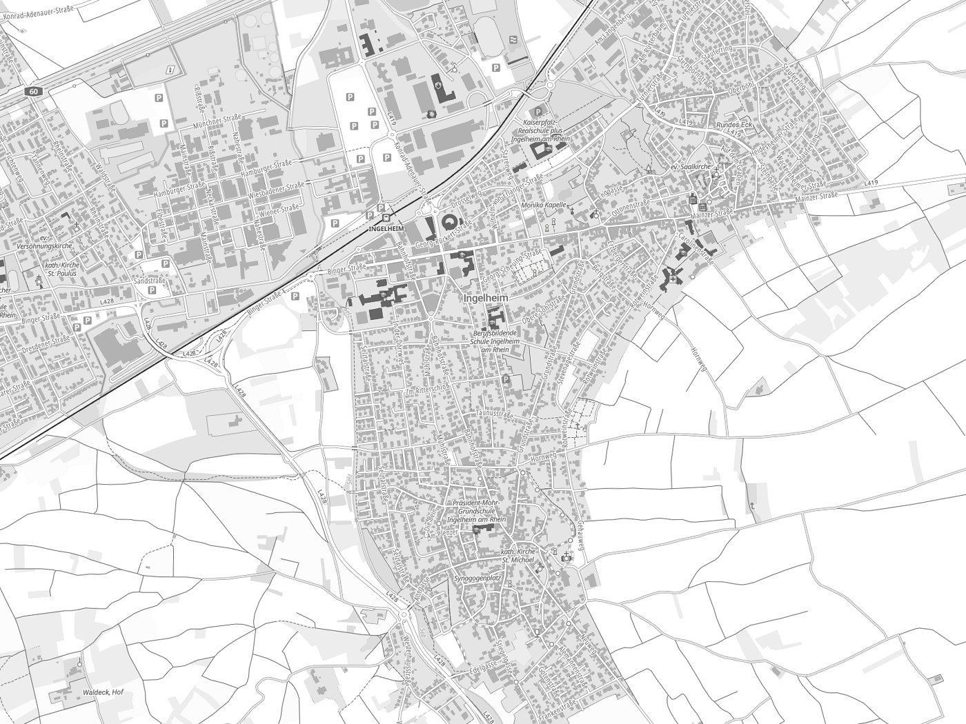 Kartenausschnitt Ingelheim am Rhein mit Gewässern