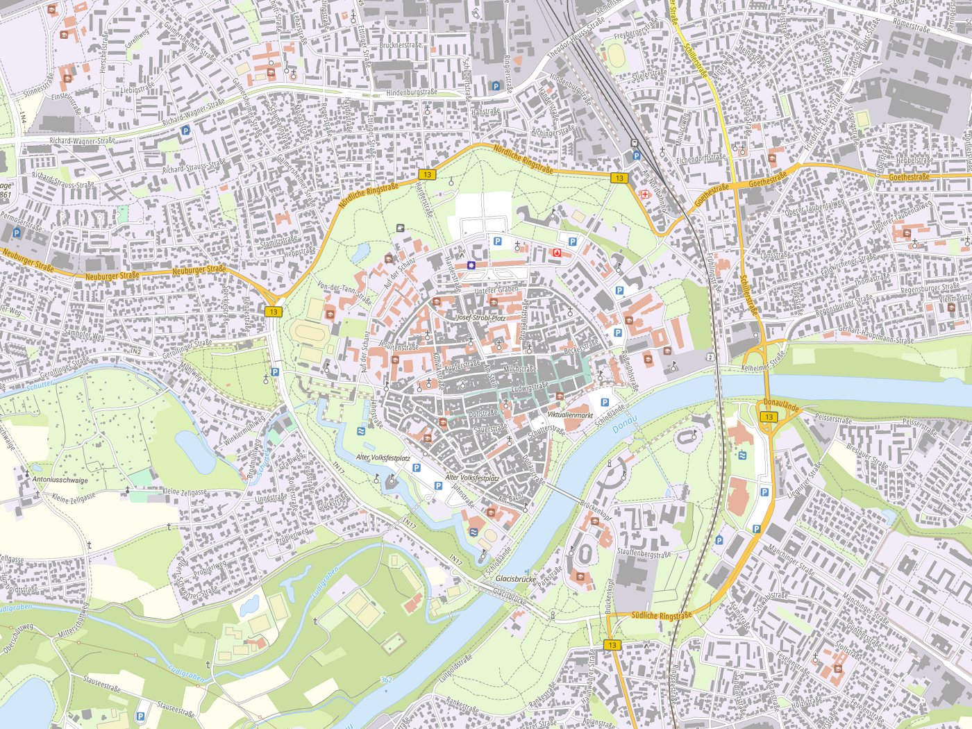 Kartenausschnitt Ingolstadt mit Gewässern