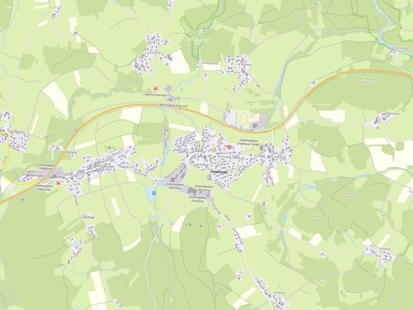 Kartenausschnitt Innernzell mit Gewässern